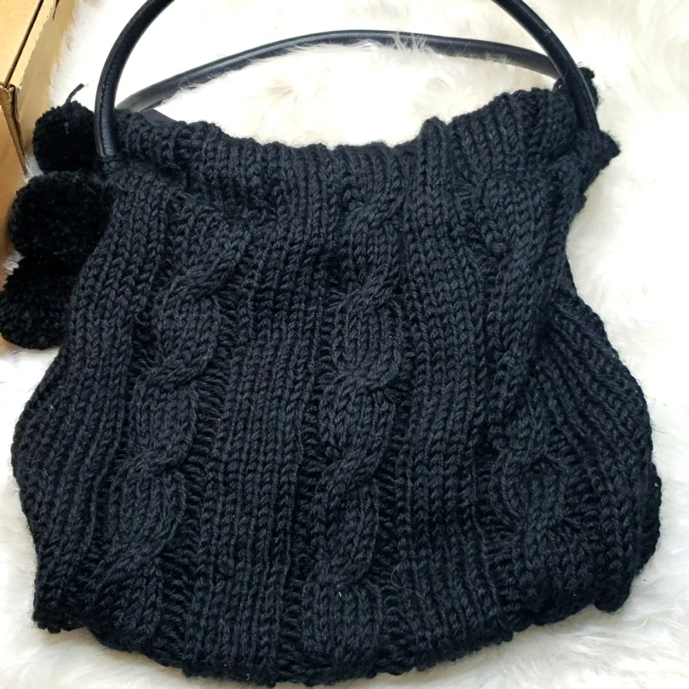 Vintage Sweater cable knit bag purse black pom pom